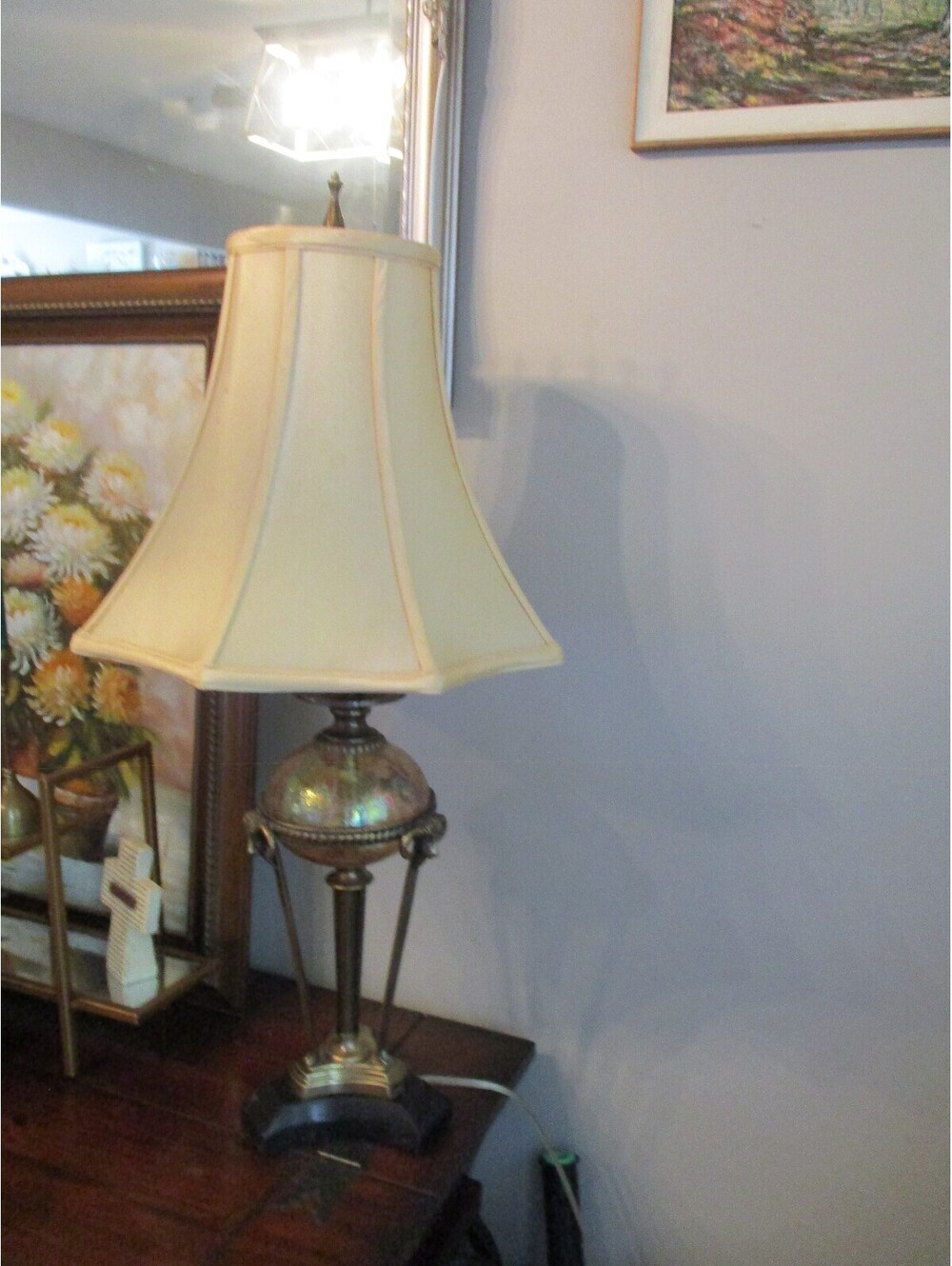 Vintage 2005 Neoclassical Brass Ram Head 31" Table Lamp Black Marble Base Urn